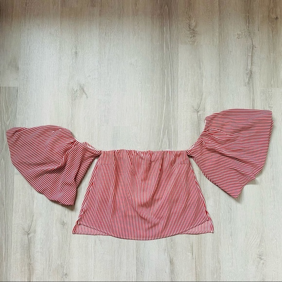 Good Luck Gem Off The Shoulder Cropped Striped Blouse Red/White Sz Small - Picture 1 of 9